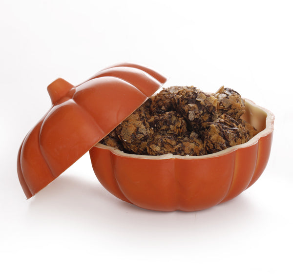 Citrouille Chocolat Blanc Halloween garnie de Feuillants d'Or