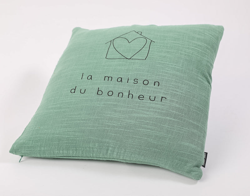 Square cushion with the design of the house of happiness