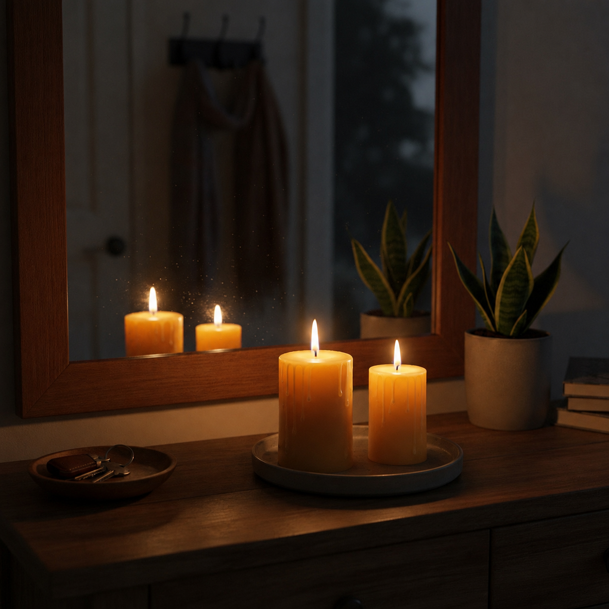 Two lit CocoBee beeswax pillar candles on a small tray on a wooden dresser, with a mirror reflecting their glow in a dimly lit room.