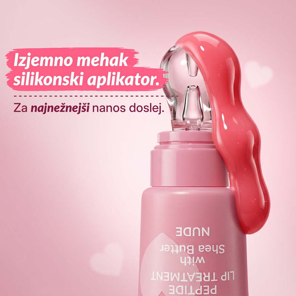 Pink lip treatment bottle with a soft silicone applicator and pink background; Slovenian ad text: 'Izjemno mehak silikon... aplikator' and 'Za najnežnejši nanos doslej.'