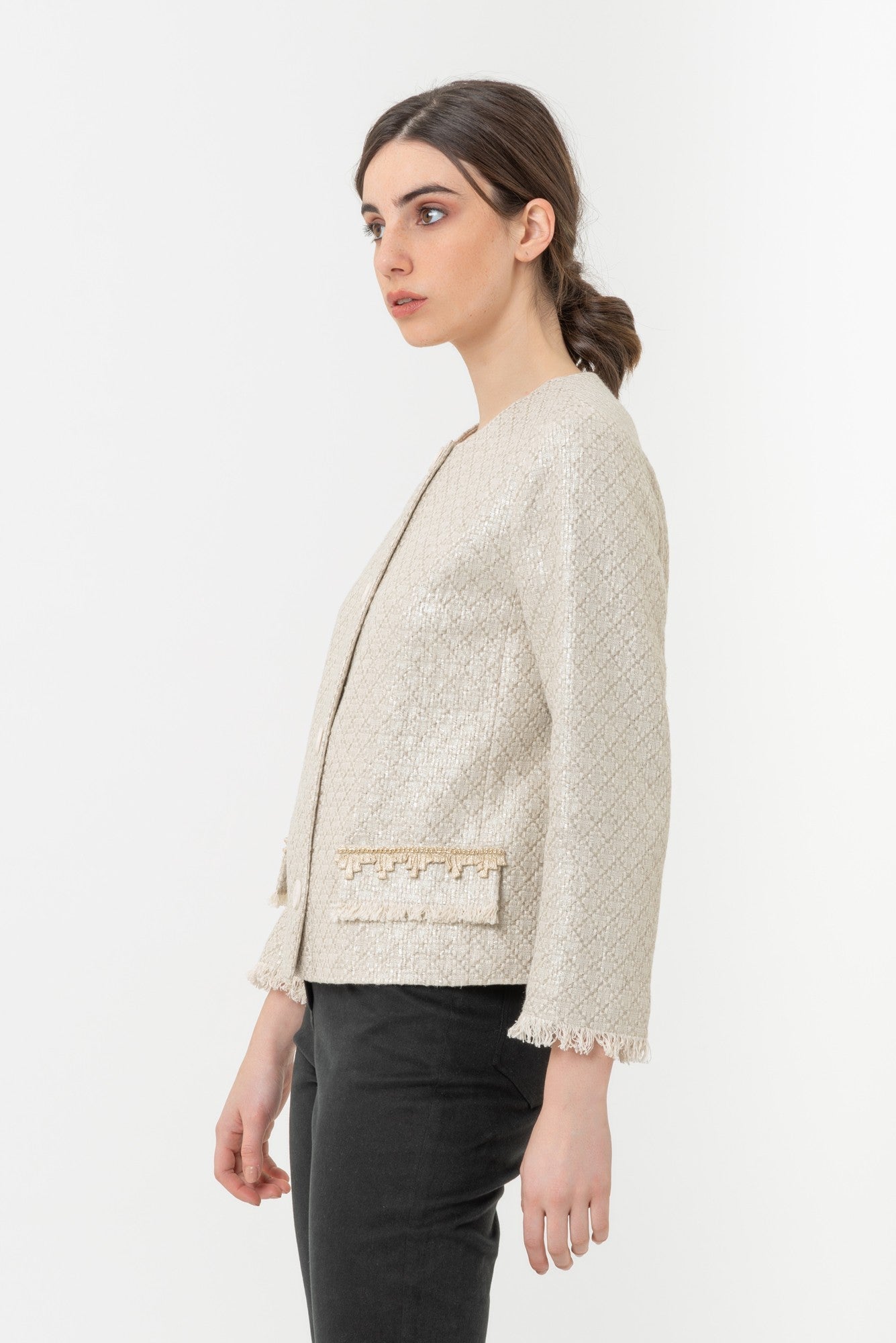 Coated straw jacket with Gattinoni logo buttons