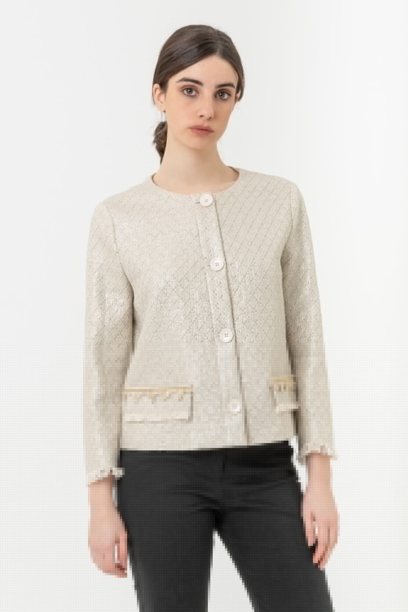 Coated straw jacket with Gattinoni logo buttons