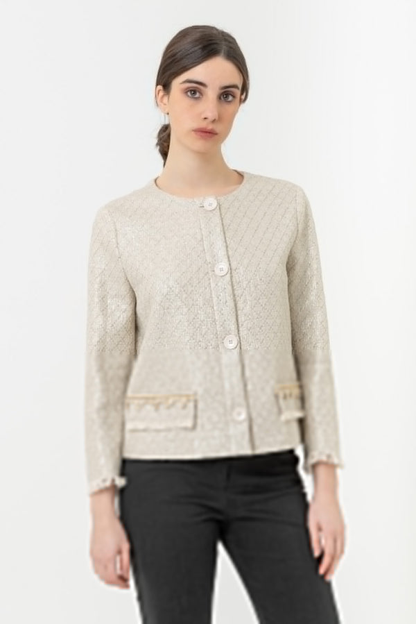 Coated straw jacket with Gattinoni logo buttons