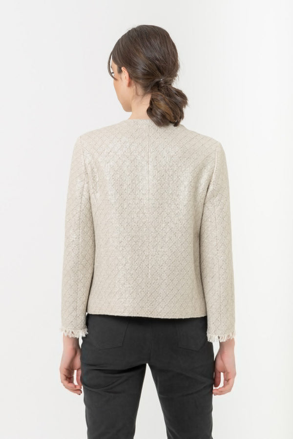 Coated straw jacket with Gattinoni logo buttons