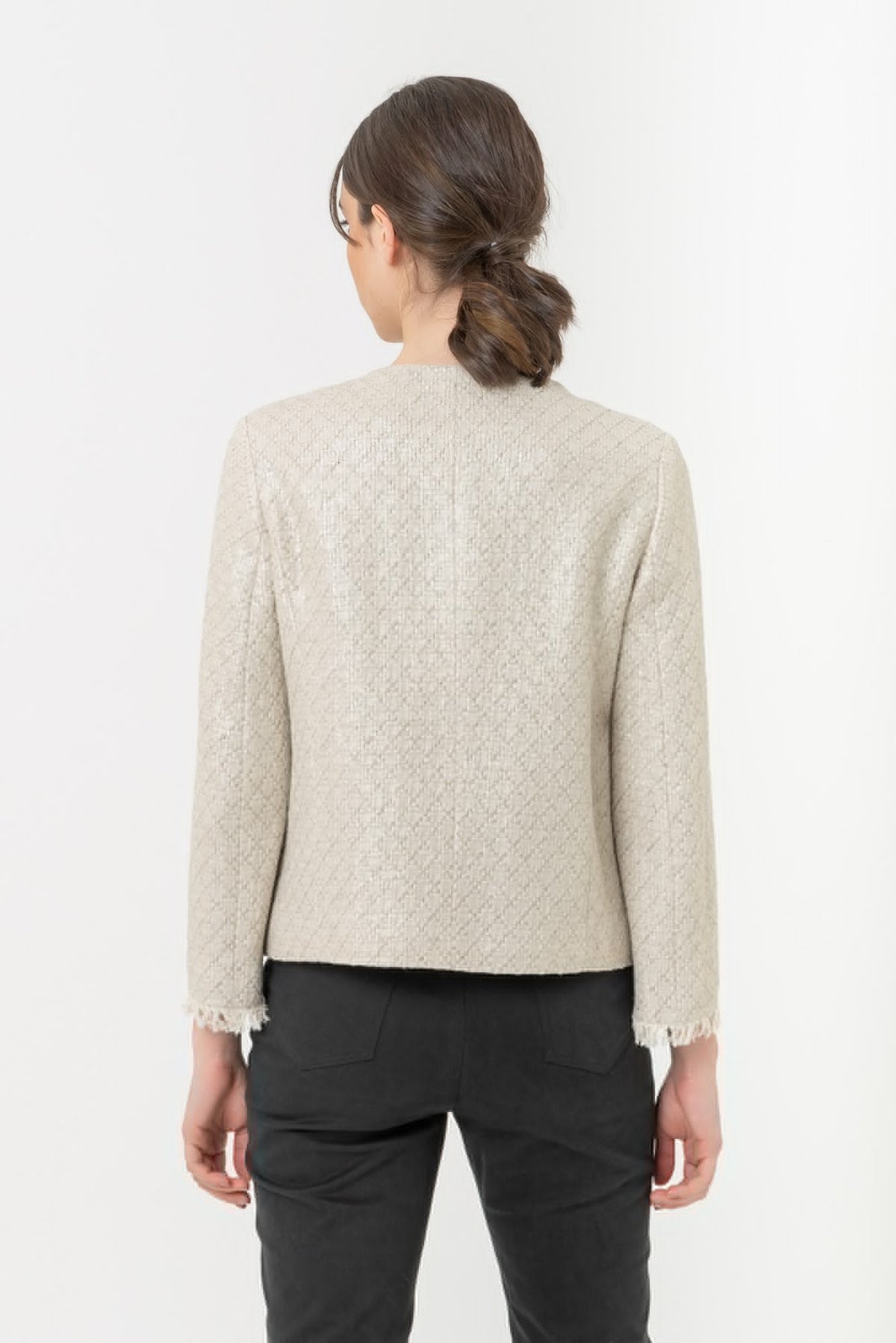 Coated straw jacket with Gattinoni logo buttons