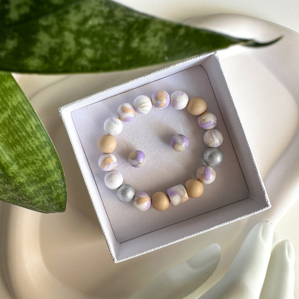 bracelet, earrings | BULB LIMITED | purple, beige