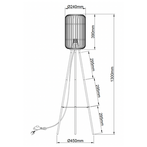 Various Floor Lamp Living Room with Rattan Lampshade Ø 22cm, Black Metal Tripod, E27, Total Height 130cm