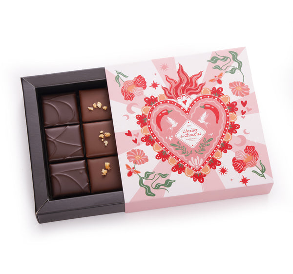 Coffret 9 bonbons ganaches pralinés chocolats amour