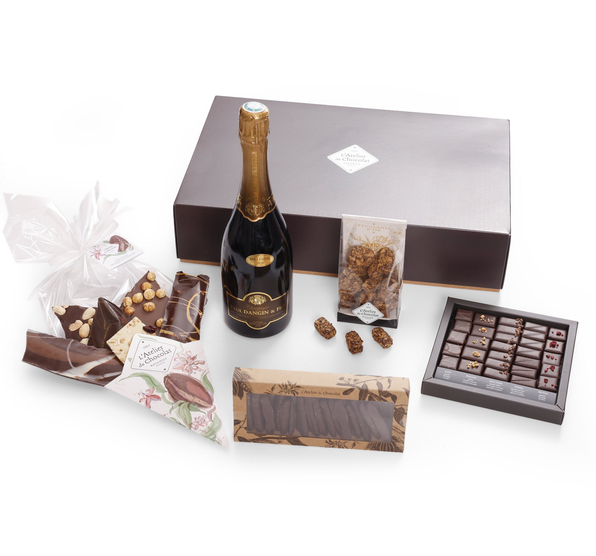 Caja de regalo espumosa con chocolates y champán