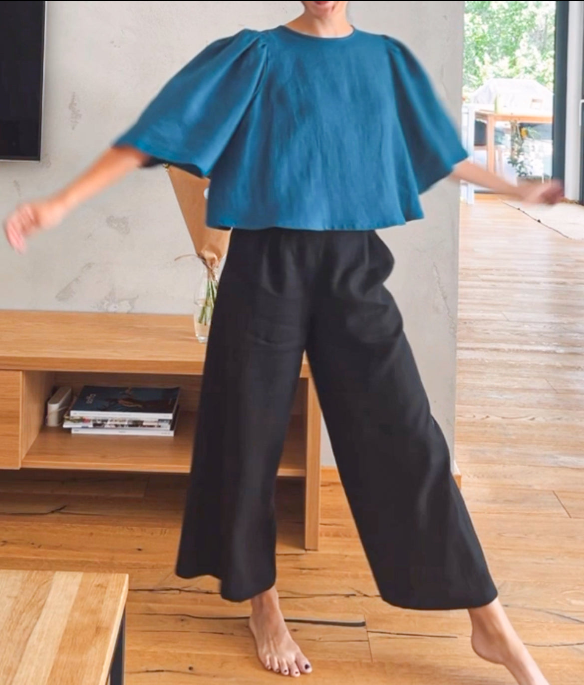 Annie lněné široké kalhoty černá Délka: Prodloužená délka, Velikost: XL