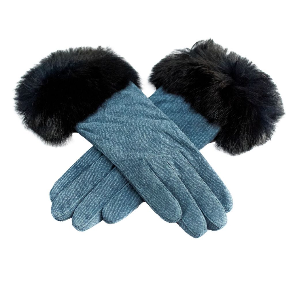 Blue gloves made of suede leather with fur