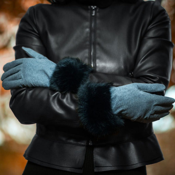 Blue gloves made of suede leather with fur
