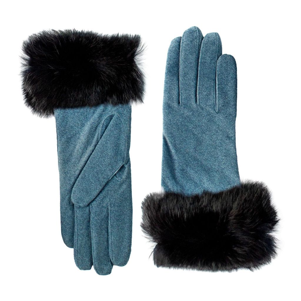 Blue gloves made of suede leather with fur