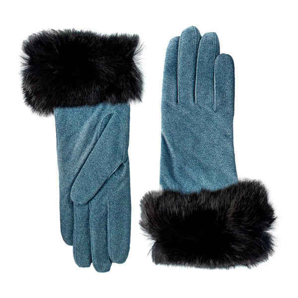 Blue gloves made of suede leather with fur