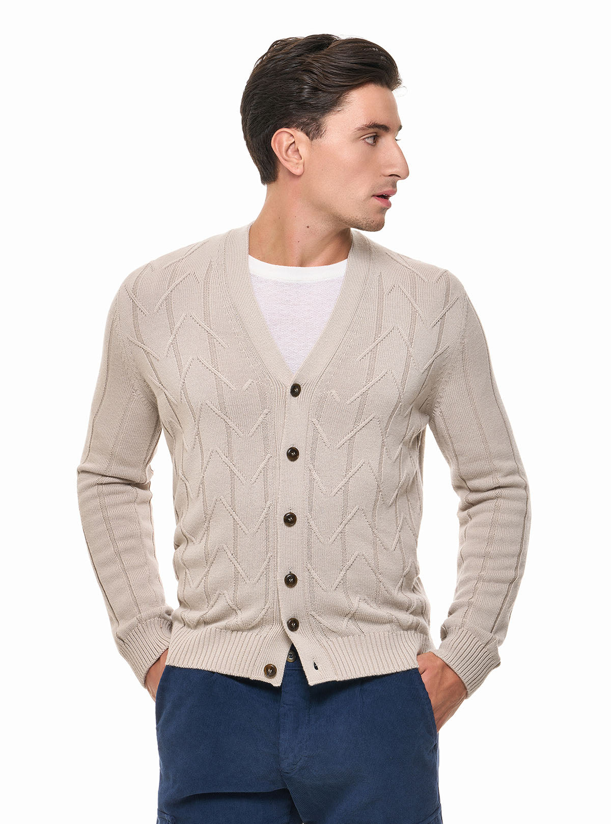 RIBBED CARDIGAN WITH ZIG ZAG