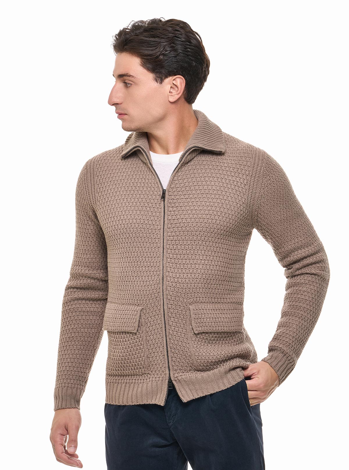 FULL ZIP JACKET WITH POCKETS AND TEXTURED KNIT
