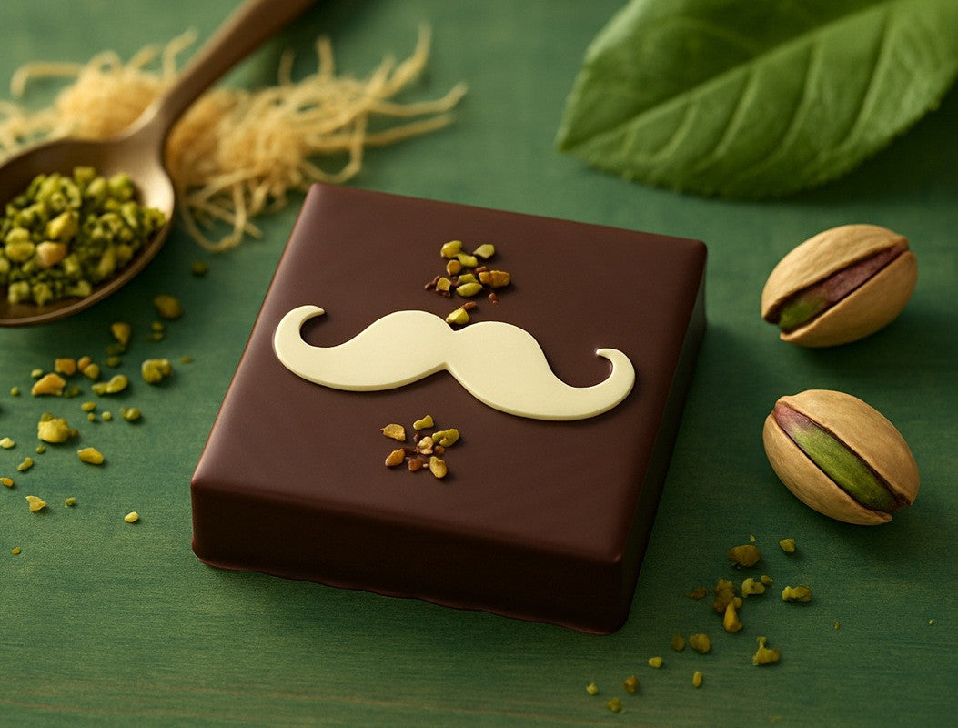 Mini chocolate mustache with pistachio praline and milk chocolate kadaïf