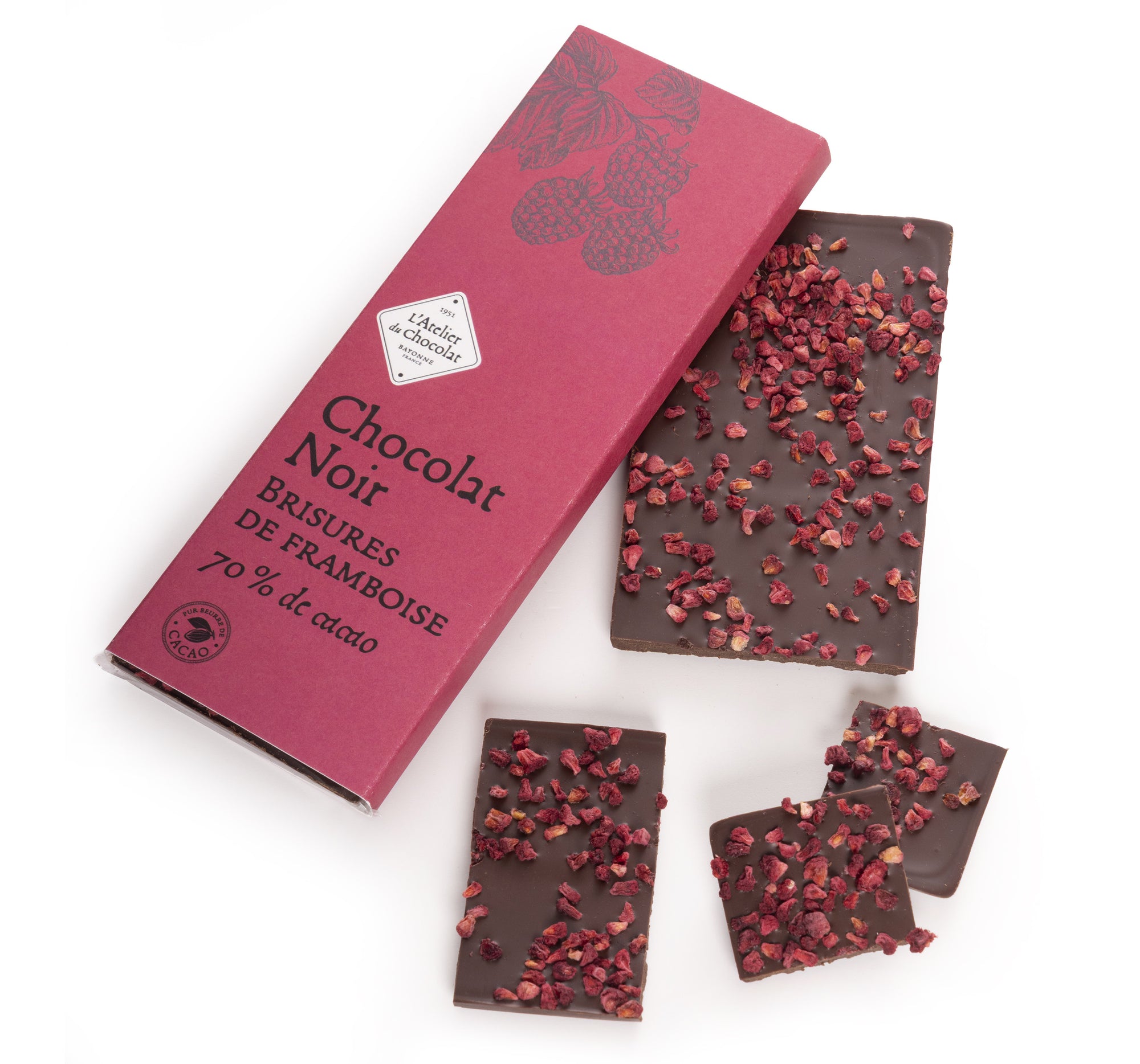 DARK CHOCOLATE BAR WITH RASPBERRY PIECES