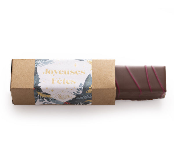 BÛCHE DE NOËL GUIMAUVE BISCUIT VANILLE PÂTE DE FRUIT FRAMBOISE CHOCOLAT NOIR