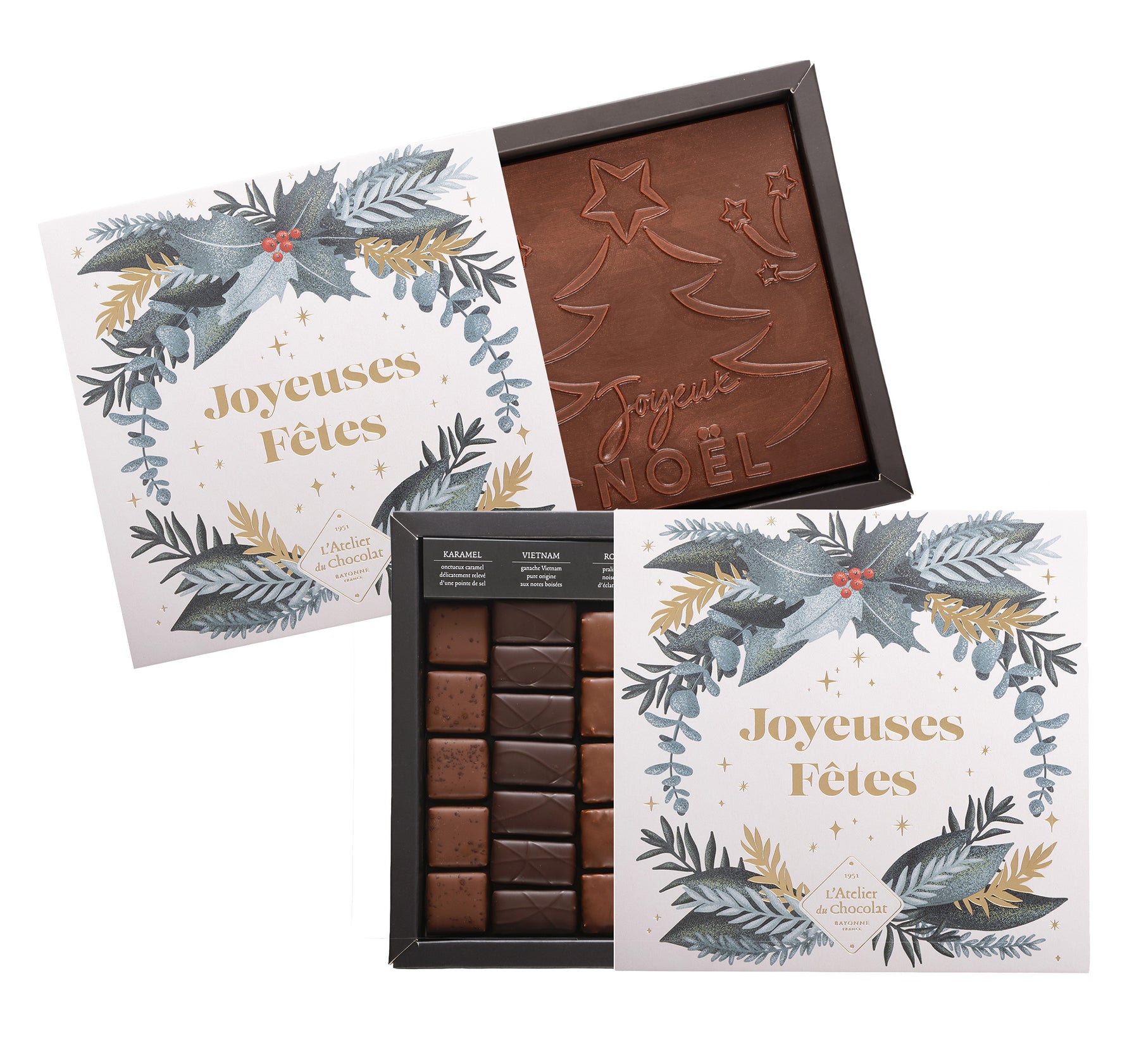 DARK AND MILK CHOCOLATE BOX WITH ITS HAPPY CHRISTMAS MILK SQUARE