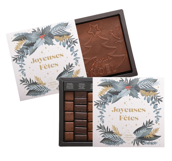 DARK AND MILK CHOCOLATE BOX WITH ITS HAPPY CHRISTMAS MILK SQUARE