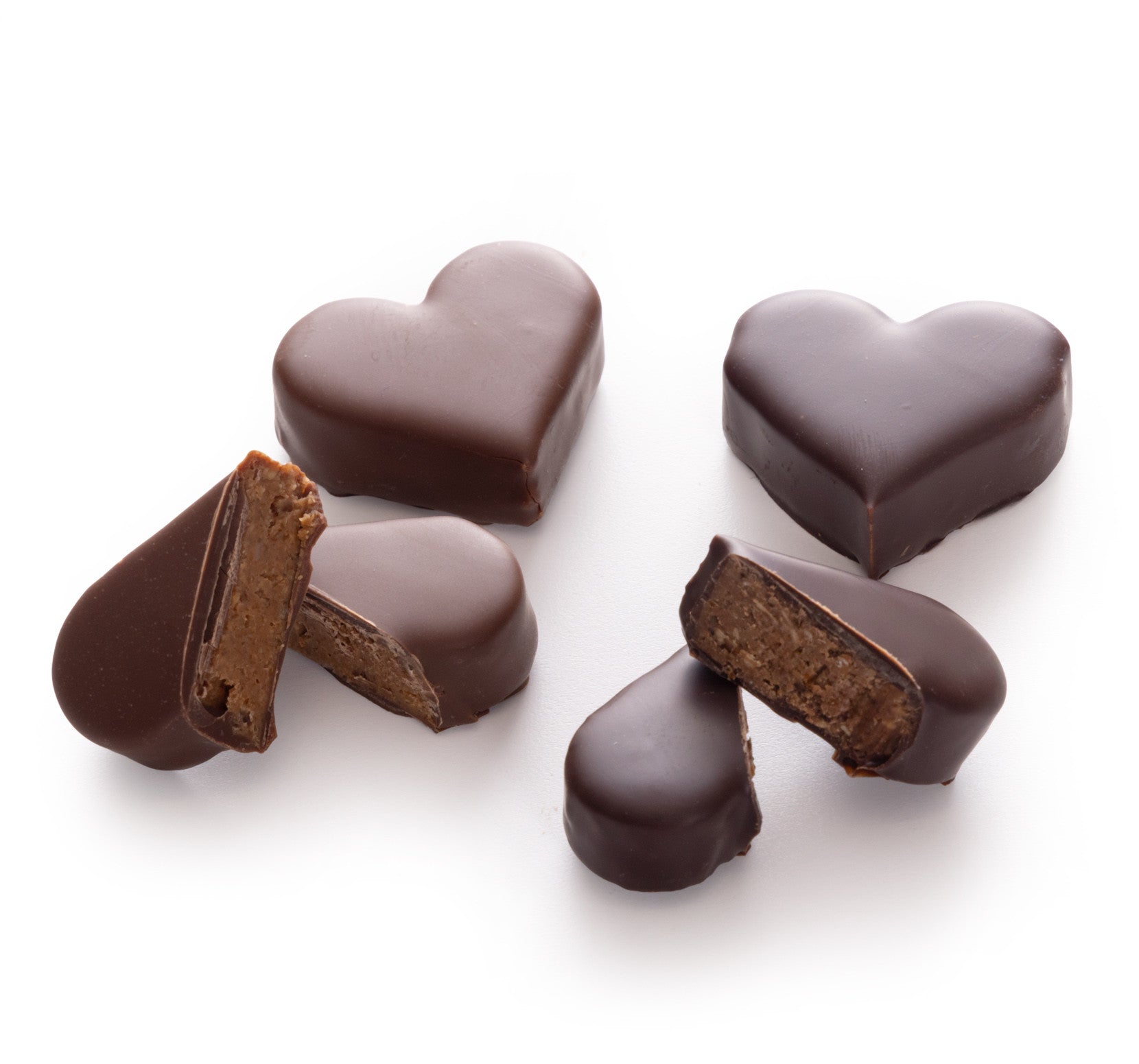Pralinky ve tvaru srdce s kávou, lískovými oříšky, hořkou a mléčnou čokoládou · Čokolády na Valentýna