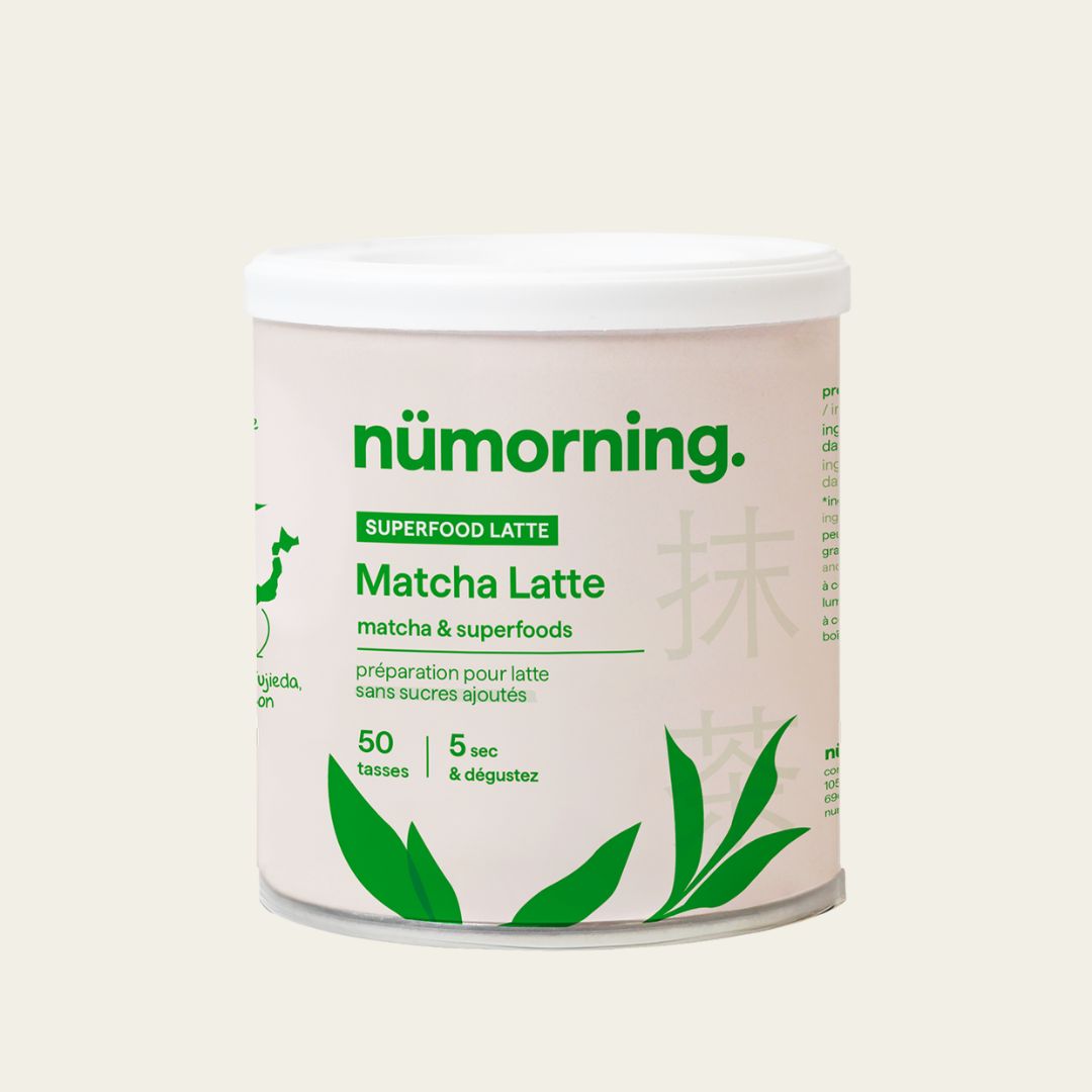 Boîte de préparation pour matcha latte en poudre bio et peu sucré de la marque nümorning