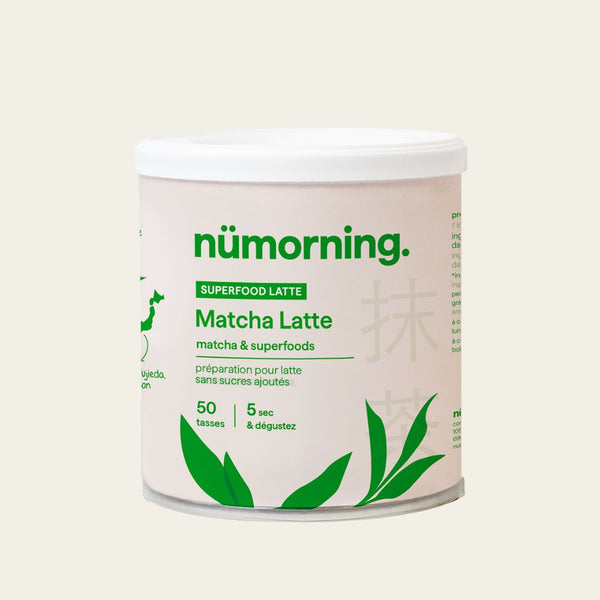 Boîte de préparation pour matcha latte en poudre bio et peu sucré de la marque nümorning