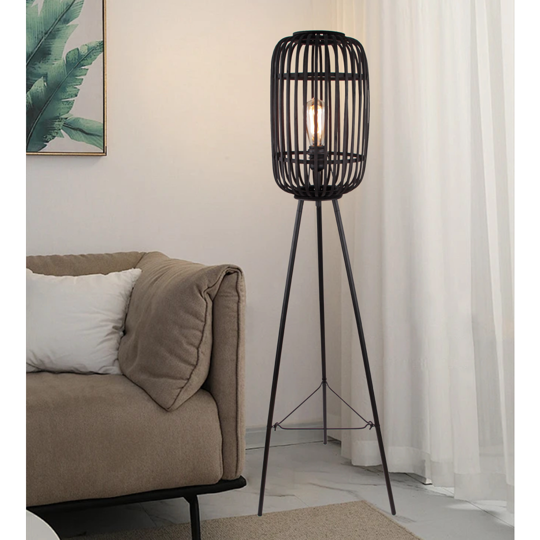 Various Floor Lamp Living Room with Rattan Lampshade Ø 22cm, Black Metal Tripod, E27, Total Height 130cm