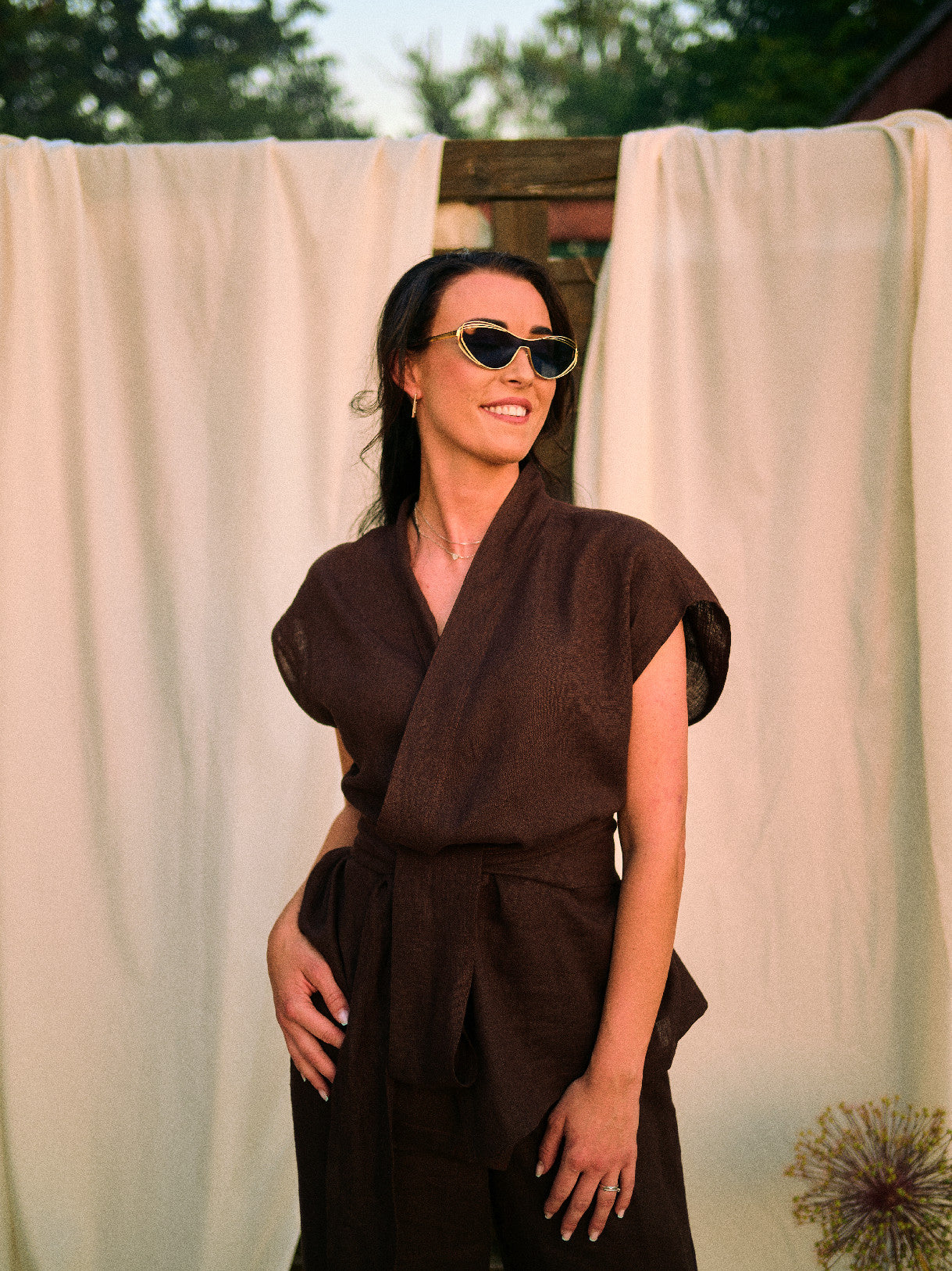 Lněný kimono set - čokoládově hnědá Velikost: XS
