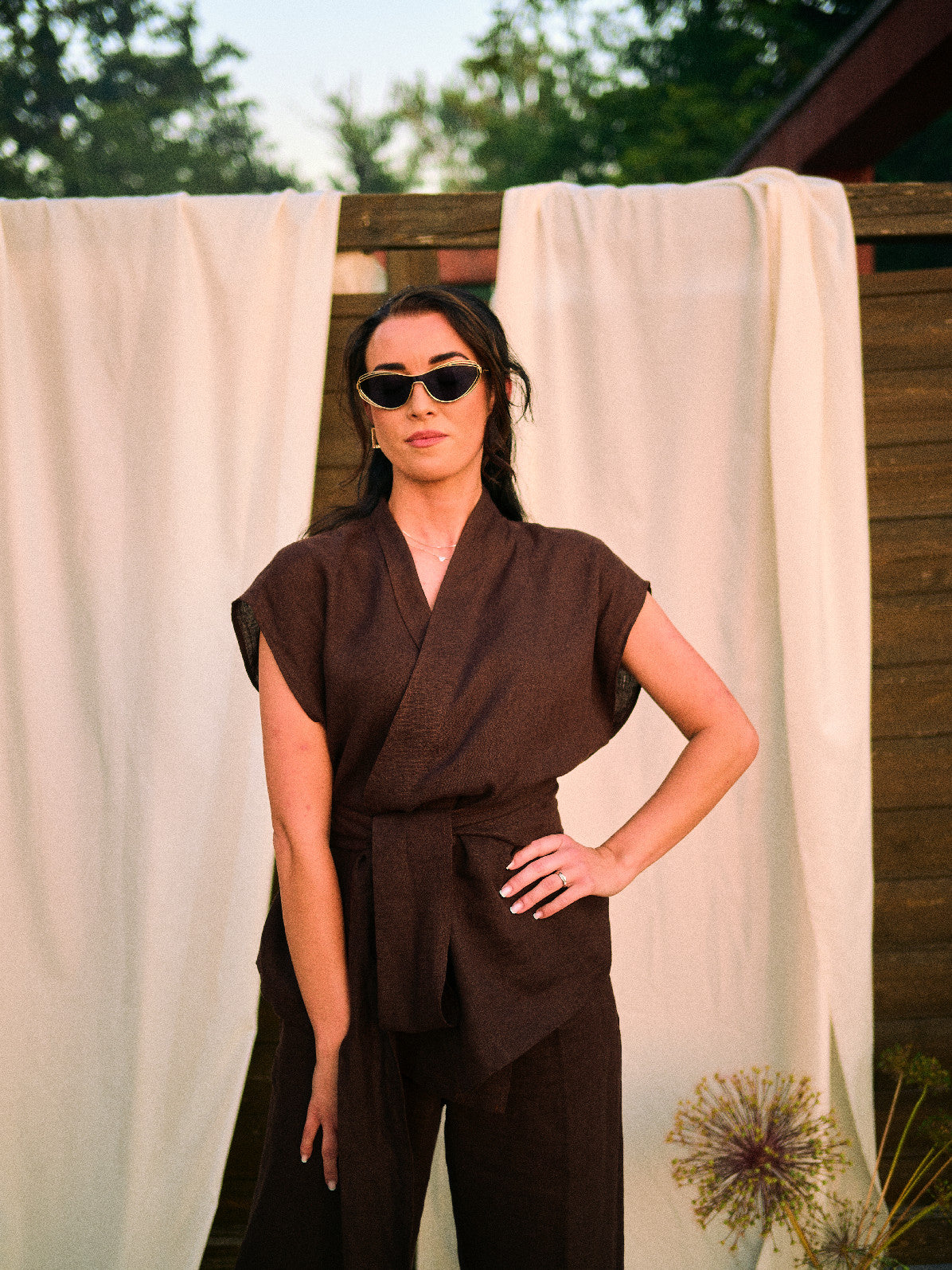 Linen Kimono Set - Chocolate Brown Size: M
