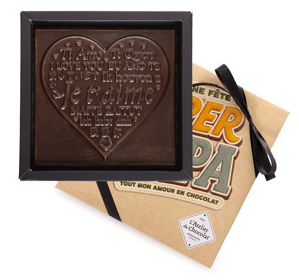 Cuadrado de chocolate en forma de corazón en chocolate negro o con leche "Te amo" – Feliz Día del Padre
