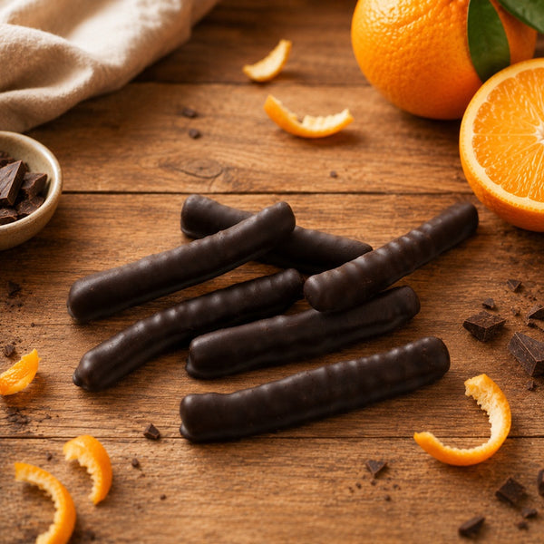 Artisanal dark chocolate orange peels