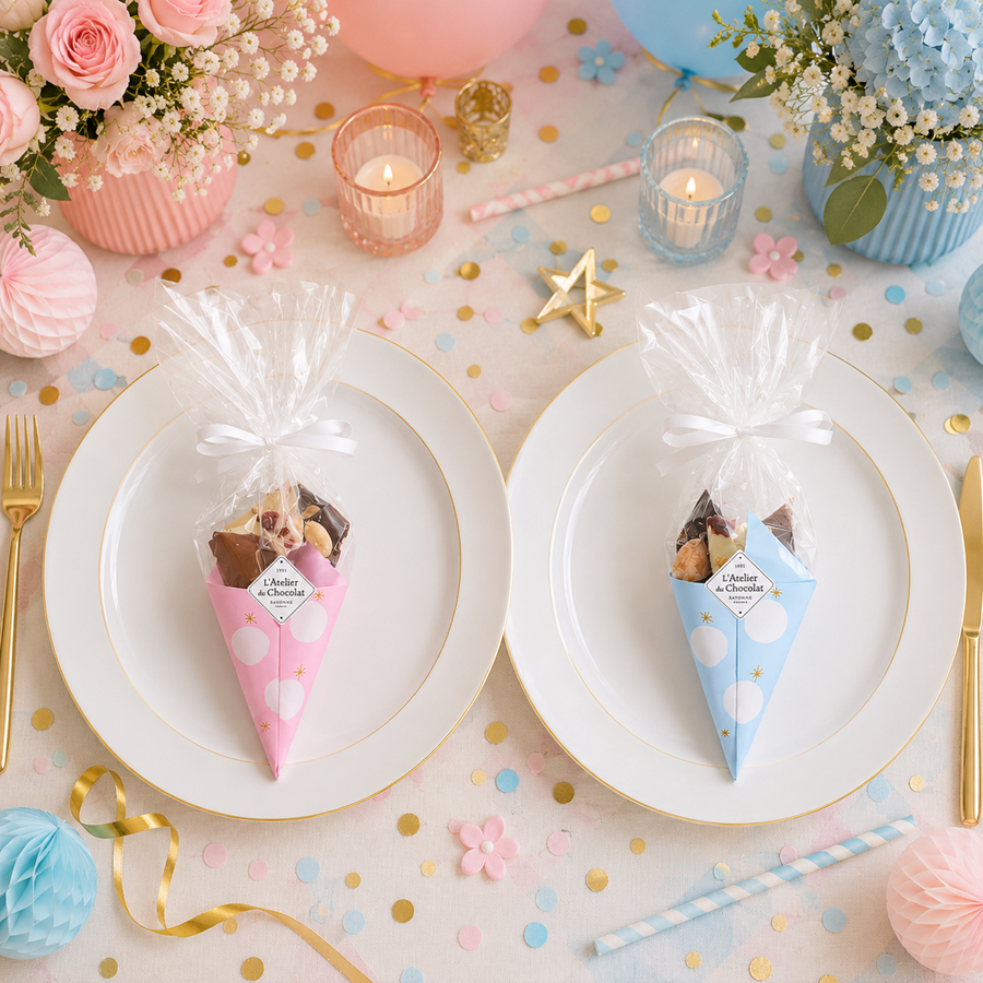 Mini bouquet di cioccolato Battesimo rosa o blu con pois