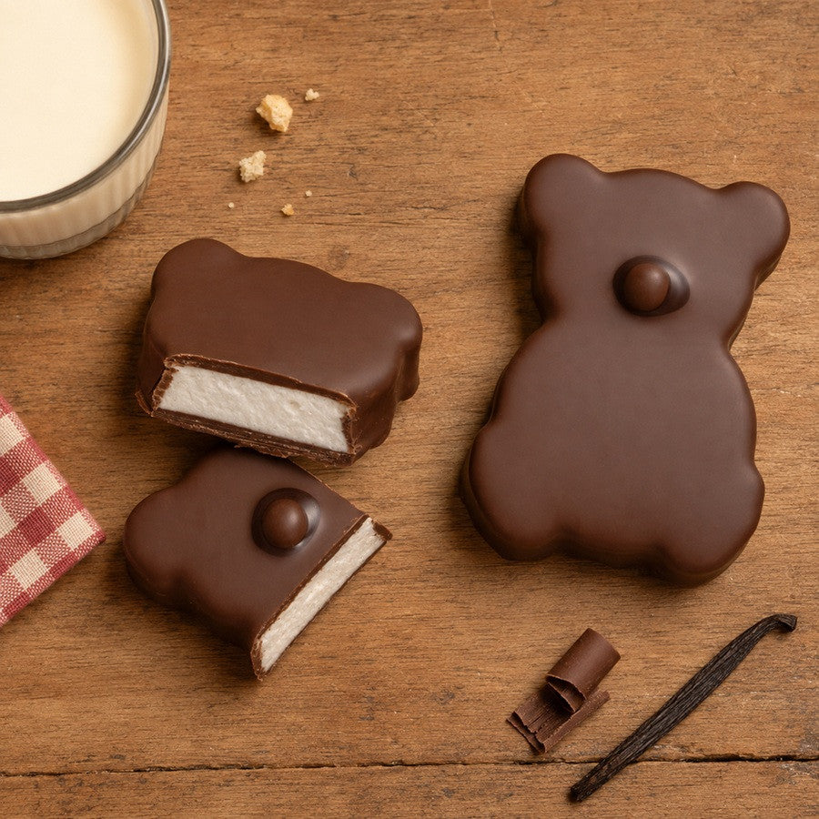 Vanilkový medvedík z marshmallow pokrytý mliečnou čokoládou