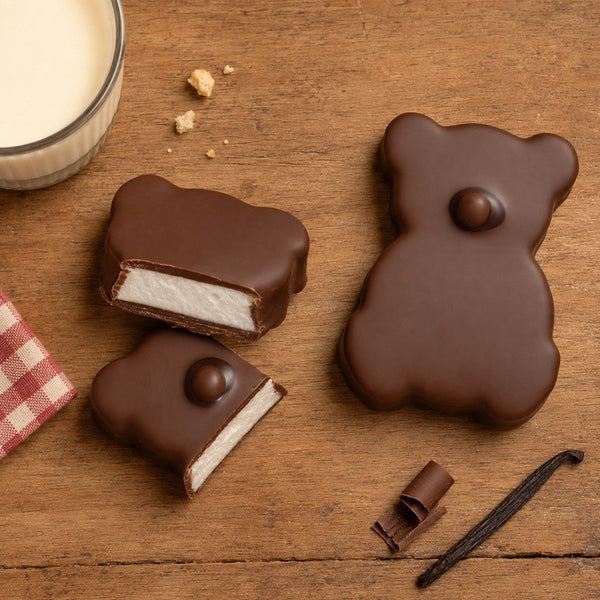 Vanilkový medvedík z marshmallow pokrytý mliečnou čokoládou