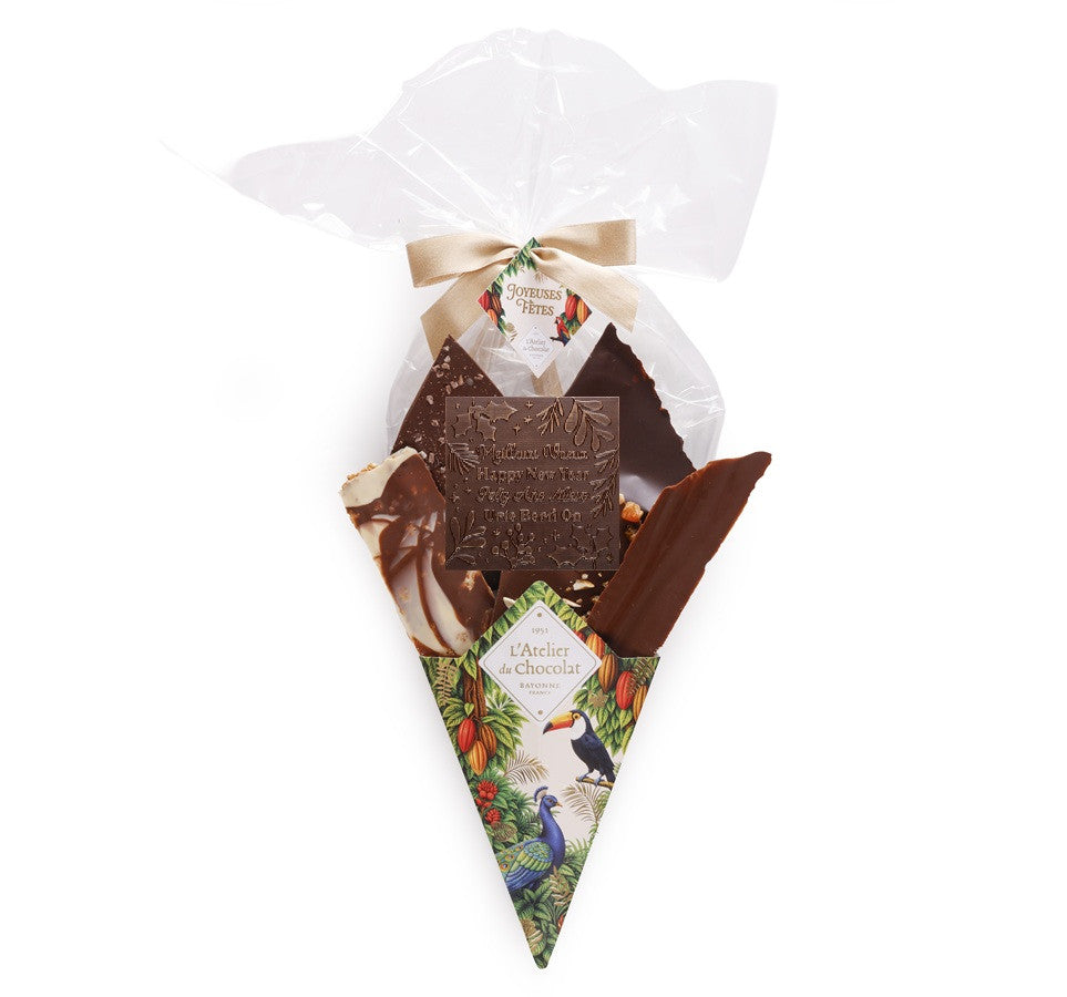 Chocoladeboeket® en zijn mini vierkante Beste Wensen · Assortiment van fijne chocoladebladeren