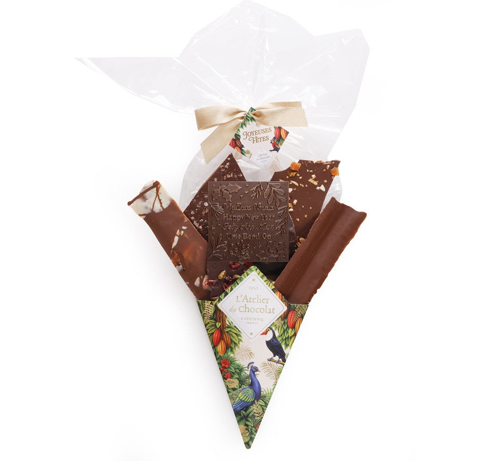 Chocoladeboeket® en zijn mini vierkante Beste Wensen · Assortiment van fijne chocoladebladeren