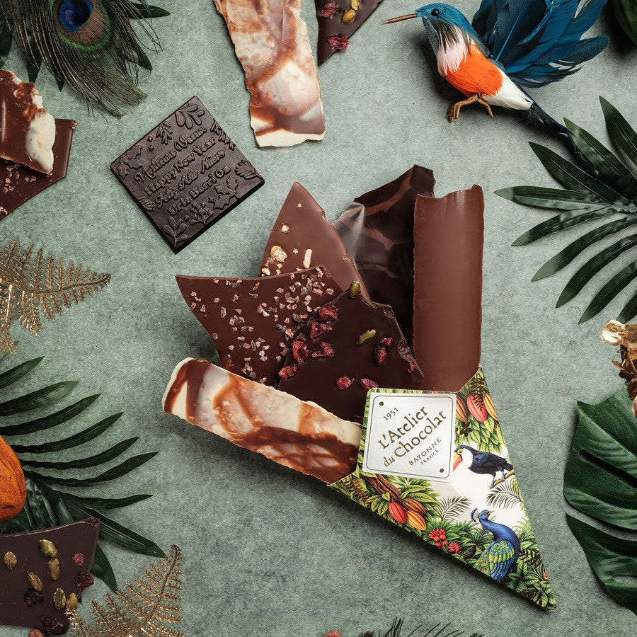 Chocoladeboeket® en zijn mini vierkante Beste Wensen · Assortiment van fijne chocoladebladeren