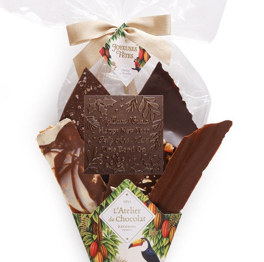 Chocoladeboeket® en zijn mini vierkante Beste Wensen · Assortiment van fijne chocoladebladeren