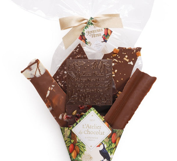 Chocoladeboeket® en zijn mini vierkante Beste Wensen · Assortiment van fijne chocoladebladeren