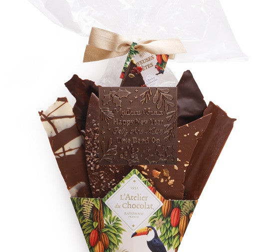 Chocoladeboeket® en zijn mini vierkante Beste Wensen · Assortiment van fijne chocoladebladeren