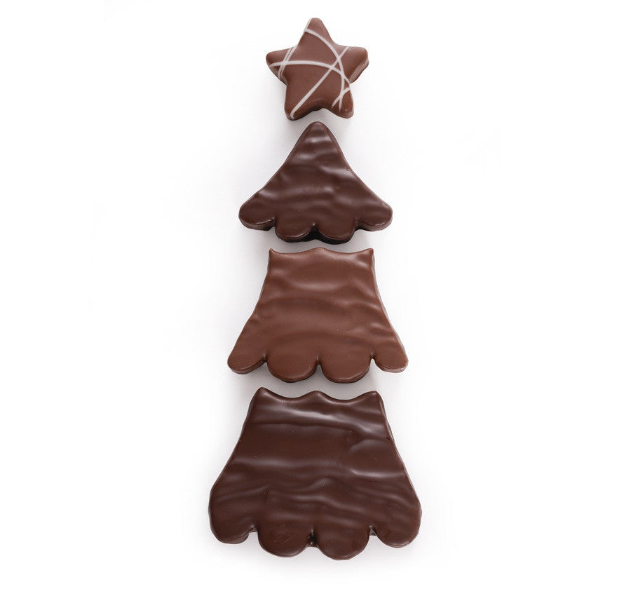 Kerstboom Puzzel · Donkere en Melk Chocolade, Amandel-Hazelnoot Praline, Gianduja