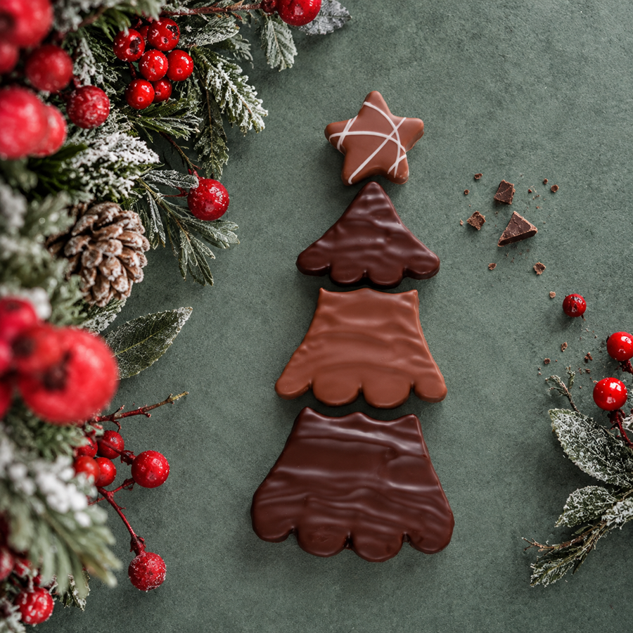 Kerstboom Puzzel · Donkere en Melk Chocolade, Amandel-Hazelnoot Praline, Gianduja