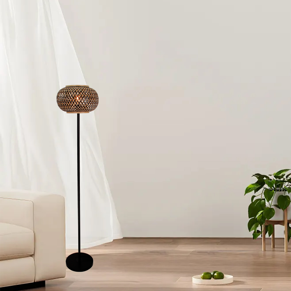 Various Floor Lamp Living Room, 1 Flame Vintage Design, Metal/Bamboo, E27 Socket, Beige/Black, Diameter 38 cm, Dimmable, Without Light Bulb