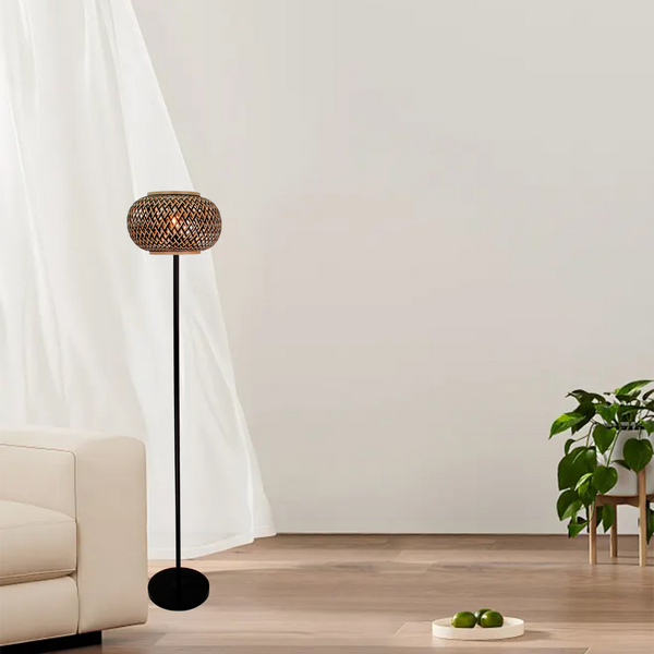 Various Floor Lamp Living Room, 1 Flame Vintage Design, Metal/Bamboo, E27 Socket, Beige/Black, Diameter 38 cm, Dimmable, Without Light Bulb