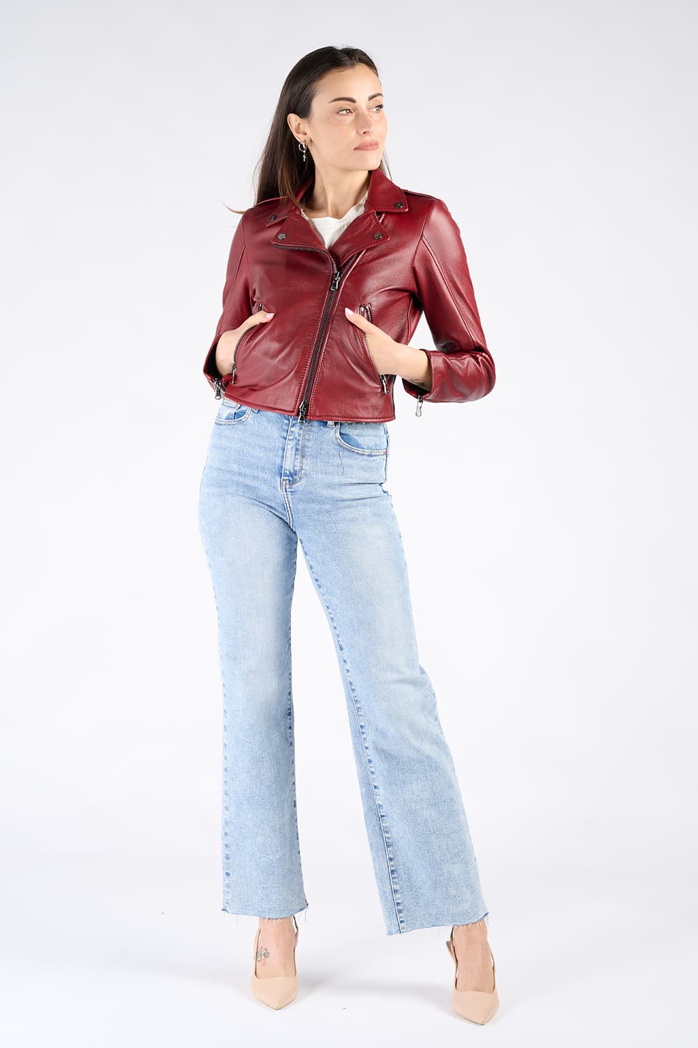 Chiodo Donna Bis Rosso Fiorentino giacca 100% vera pelle Made in Italy - Barone Firenze