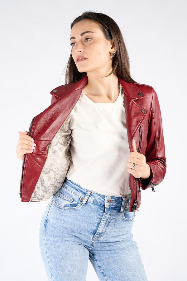 Chiodo Donna Bis Rosso Fiorentino giacca 100% vera pelle Made in Italy - Barone Firenze