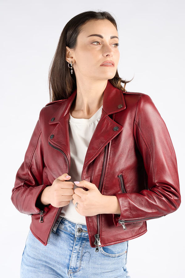 Chiodo Donna Bis Rosso Fiorentino giacca 100% vera pelle Made in Italy - Barone Firenze