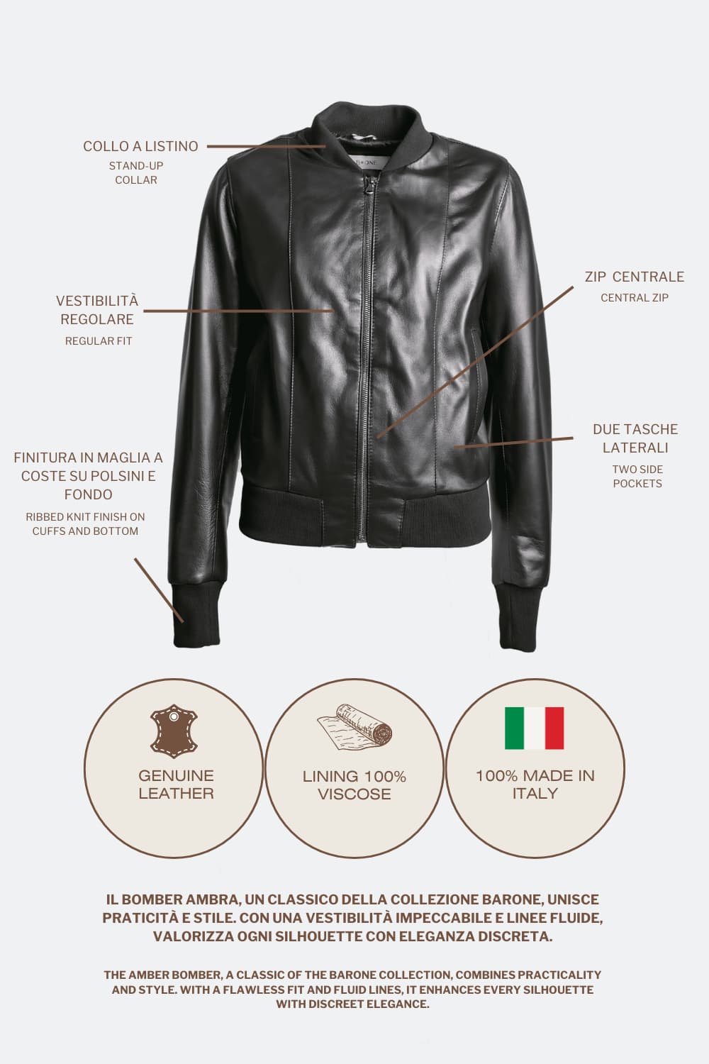 Ambra giacca nera donna 100% vera pelle Made in Italy- Barone Firenze